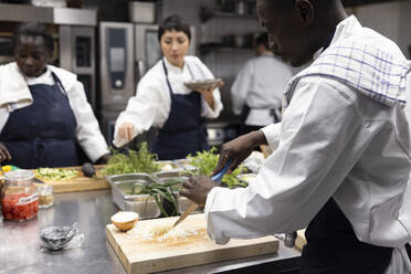 Männlicher Koch schneidet Zwiebel, während weibliche Mitarbeiter im Hintergrund in der Restaurantküche arbeiten - MASF31566