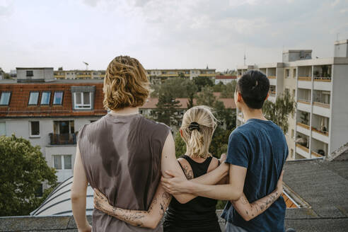 Rear view of male and female friends standing with arms around on rooftop - MASF31744