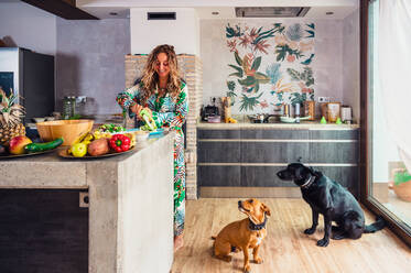 Frau schneidet frische grüne Gurke beim Kochen von Salat in einer hellen Küche in der Nähe von Hunden - ADSF36856