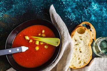 Tomato soup with fresh cerely sticks served on stone table - ADSF36894