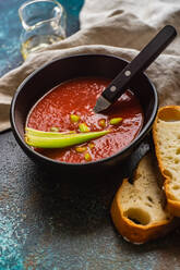 Tomato soup with fresh cerely sticks served on stone table - ADSF36895