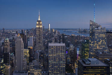 The Empire State Building, Manhattan skyscrapers and the Hudson River at night, Manhattan, New York, United States of America, North America - RHPLF22944