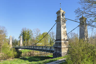 Argenbrucke Bridge, Langenargen, chain bridge over Argen River, Lake Constance, Swabia, Baden-Wurttemberg, Germany, Europe - RHPLF22996