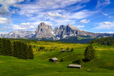 Mountain huts in the green pastures at foot of Sassolungo and Sassopiatto in spring, Seiser Alm, Dolomites, South Tyrol, Italy, Europe - RHPLF23004