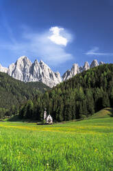 Blühende Wiesen im Frühling rund um die kleine Kirche von St. Johannes in Ranui und Geislerspitzen, Funes Tal, Dolomiten, Südtirol, Italien, Europa - RHPLF23008