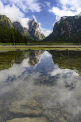 Klares Wasser des Toblacher Sees im Frühling, Dolomiten, Pustertal, Provinz Bozen, Südtirol, Italien, Europa - RHPLF23013