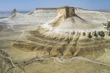 Aerial of Bozzhira Canyon, Ustyurt plateau, Mangystau, Kazakhstan, Central Asia, Asia - RHPLF23037