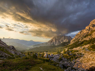 Sonnenuntergang über dem Berg Conturines mit farbigen Wolken am Himmel und goldenem Licht auf den Kiefern und im Tal, Dolomiten, Italien, Europa - RHPLF23094