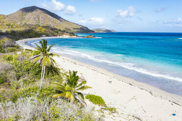 Ein Tourist, der am leeren palmengesäumten Strand spazieren geht, Blick von oben, Rendezvous Beach, Antigua, Westindien, Karibik, Mittelamerika - RHPLF23114