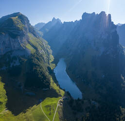 Aerial view of mountain landscape with Samtisersee Lake in Brulisau, Switzerland. - AAEF15534