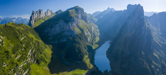 Aerial view of mountain landscape with Samtisersee Lake in Brulisau, Switzerland. - AAEF15535