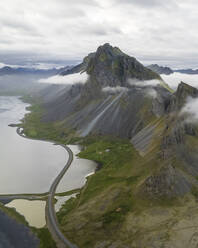 Aerial view of Hvalnes Nature Reserve with mountains along the coastline, Eastern, Iceland. - AAEF15647