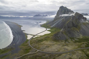 Aerial view of Hvalnes Nature Reserve with mountains along the coastline, Eastern, Iceland. - AAEF15649