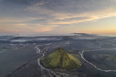 Aerial view of Maelifell mountain at sunset with valley landscape, Iceland. - AAEF15662