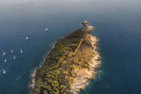 Luftaufnahme von Segelbooten in der Fetovaia-Bucht bei Sonnenuntergang, Seccheto, Insel Elba, Toskana, Italien. - AAEF15746