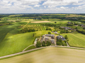 Luftaufnahme einer Landschaft mit Hügeln, Grasland und Obstplantagen, Vijlen, Südlimburg, Niederlande. - AAEF15766