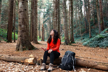 Pensive woman with backpack looking away while sitting on ground amidst trees in woods - ADSF37045
