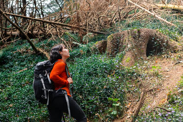 Seitenansicht einer Frau mit Rucksack, die den Wald bewundert, während sie am Wochenende durch einen Nadelwald fährt - ADSF37050