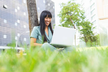 Junge lächelnde Frau mit langen Haaren, die im Gras in der Nähe eines Baumes sitzt und ein Netbook benutzt, während sie an einem Sommertag im Park Hausaufgaben macht - ADSF37124