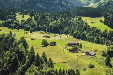 Erstaunliche Drohne Blick auf kleine typische Wohnhäuser auf grasbewachsenen hügeligen Gelände mit üppigem Grün Nadelbäume an einem sonnigen Tag in bergigen Tal in der Schweiz gelegen - ADSF37180
