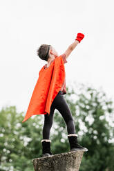 Back view of unrecognizable boy in red superhero cape and hedgehog mask looking away while standing with arms raised with clenched fist on stone block on blurred background of park trees - ADSF37277