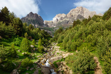 Grünes, grasbewachsenes Tal mit verschlungenen Wegen zwischen Berghängen und rauen Felsklippen in der Natur Spaniens in den Pyrenäen - ADSF37502