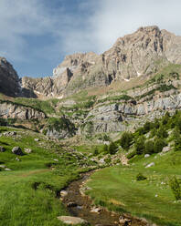 Grünes, grasbewachsenes Tal mit verschlungenen Wegen zwischen Berghängen und rauen Felsklippen in der Natur Spaniens in den Pyrenäen - ADSF37503