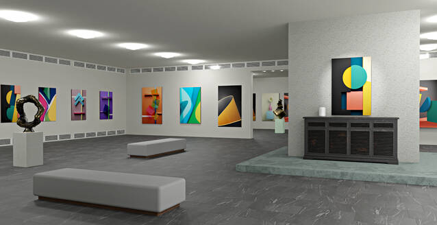 Canvas paintings and plastic models arranged in art gallery - VTF00664