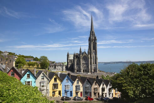 Irland, Grafschaft Cork, Cobh, Bunte Reihenhäuser entlang einer steilen Straße mit der Saint Colmans Cathedral im Hintergrund - FCF02097