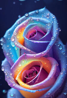 Mit Regentropfen bedeckte Köpfe von blauen und rosa Rosen - SKGF00051