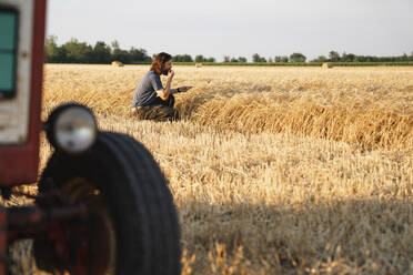 Bauer isst Weizen auf einem Bauernhof in der Hocke an einem sonnigen Tag - EKGF00014