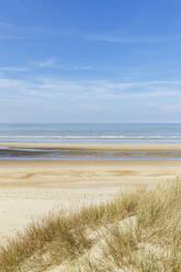 Belgien, Westflandern, De Haan, Sandstrand mit klarer Horizontlinie über der Nordsee im Hintergrund - GWF07568