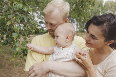 Baby girl touching plant leaves with parents in park - IHF01210