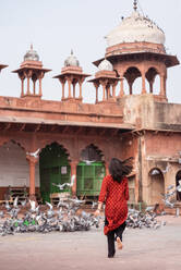 Rückenansicht einer anonymen barfüßigen Frau, die auf einen Taubenschwarm in der Nähe der alten Jama Masjid in Agra, Indien, zuläuft - ADSF37915