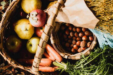 Von oben Weidenkorb mit reifen frischen bunten Gemüse und Obst in Komposition mit Kräutern und Haselnuss stehen auf dem Boden unter braunen trockenen Laub neben warmen blauen Plaid im Herbst Garten - ADSF37931