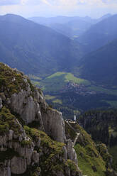 Germany, Bavaria, Observation point and distant village seen from Wendelstein mountain - JTF02174