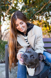 Young woman having fun with her american stanford dog while sitting on bench at park - ADSF38106