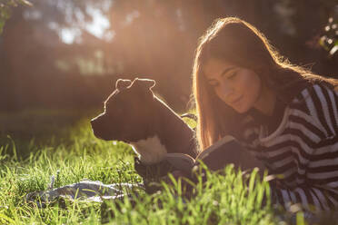 Junge Frau, die Spaß mit ihrem amerikanischen Stanford-Hund hat, während sie auf dem Gras im Park sitzt - ADSF38110