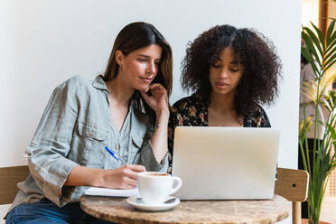 Multiethnic female friends surfing internet on netbook at table with cup of coffee in cafe - ADSF38347