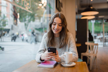 Inhalt Charmante Frau sitzt am Tisch im Café und surft lächelnd auf ihrem Smartphone - ADSF38630