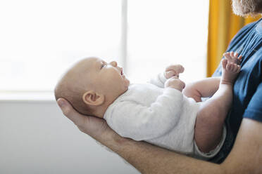 Nahaufnahme eines Vaters, der seinen neugeborenen Sohn (0-1 Monate) zu Hause im Arm hält - TETF01758