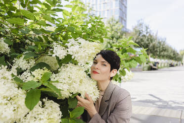 Lächelnde Geschäftsfrau hält Blumen auf einer Pflanze an einem sonnigen Tag - SEAF01234