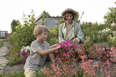 Senior woman with grandson planting flowers in garden - VBUF00187