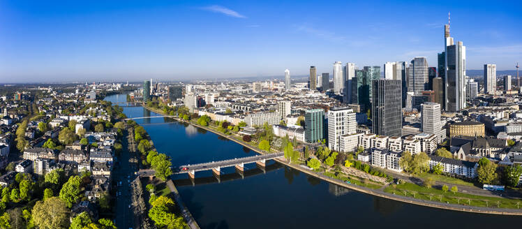 Germany, Hesse, Frankfurt, Aerial panorama of river Main and downtown skyscrapers - AMF09567