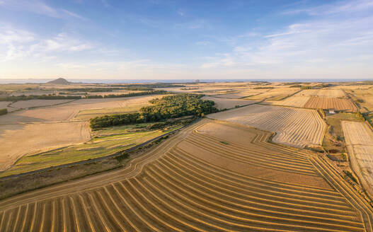 UK, Scotland, Aerial view of harvested barley fields in summer - SMAF02212