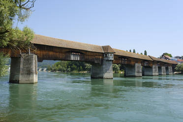 Germany, Baden-Wurttemberg, Bad Sackingen, Medieval Holzbrucke bridge stretching over river Rhine - WIF04575