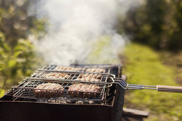 Delicious grilled meat in barbecue grilling basket at backyard - ONAF00095