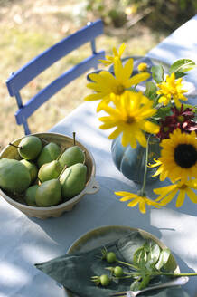 Bowl of pears and vase with blooming flowers on autumn decorated table - GISF00924