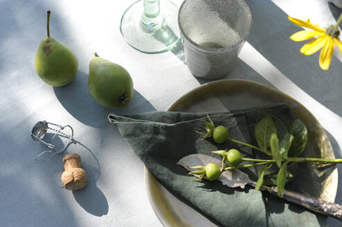 Birnen, Hagebutten und Sektkorken auf dem herbstlich geschmückten Tisch - GISF00925