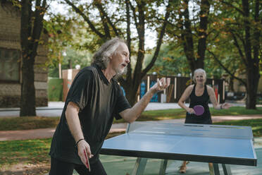 Ehepaar spielt Tischtennis im Park - YTF00058